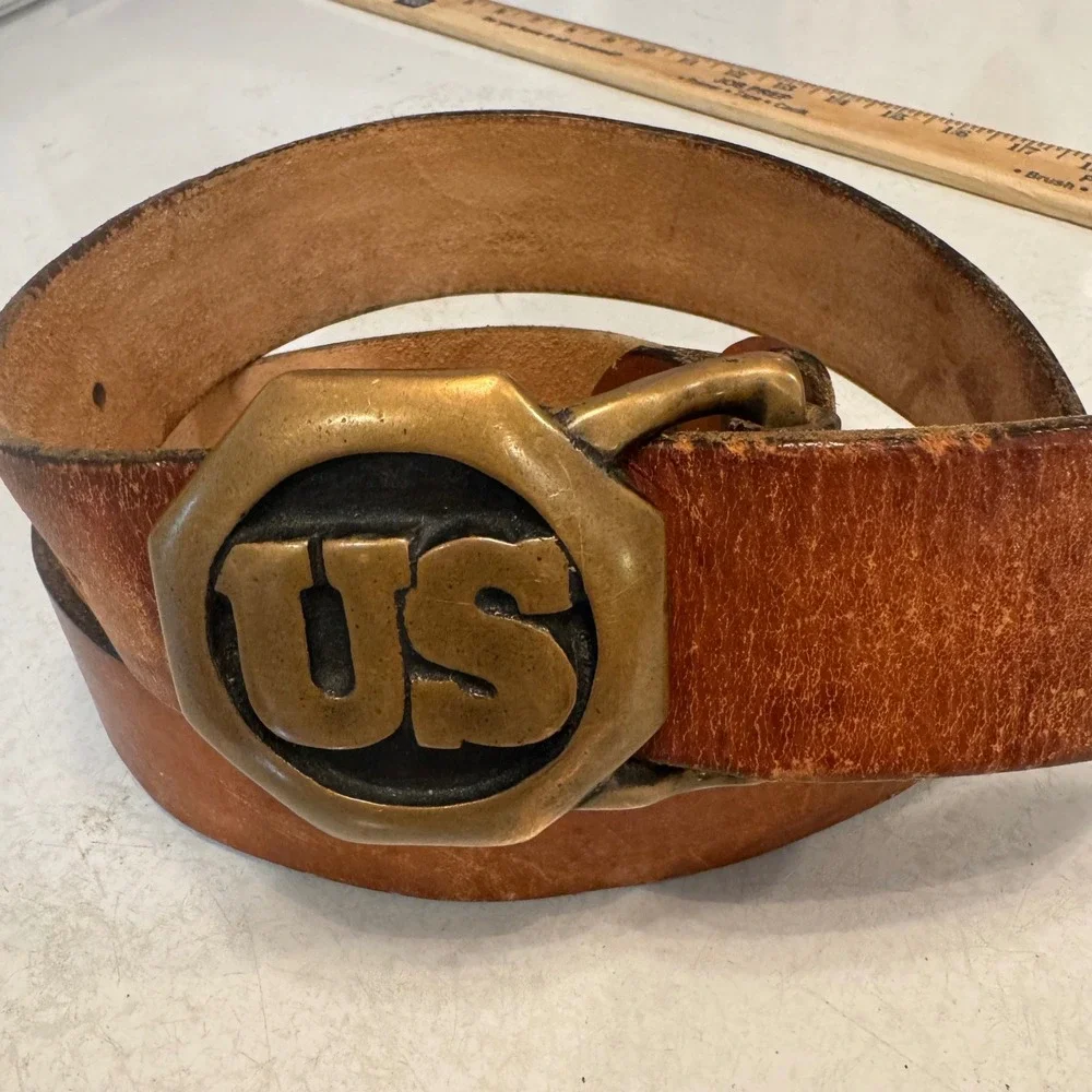 Leather Belt Mens 36 Tan Brass US Buckle Americana Military Style Rugged 0205